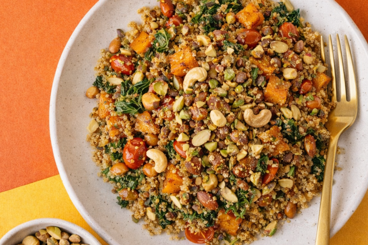 Ensalada tibia de quinoa con verduras asadas y frutos secos
