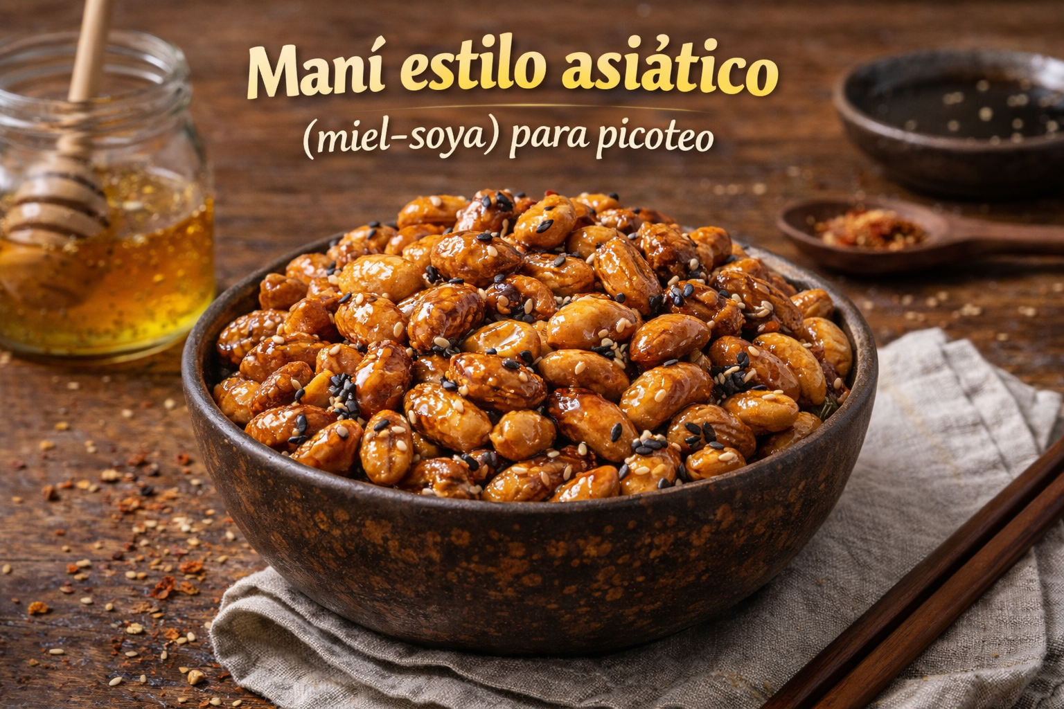 Maní estilo asiático (miel–soya) para picoteo